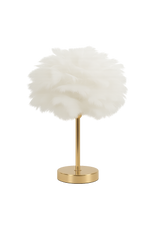 Veioza 8736 cu abajur rotund din pene albe si baza aurie, lampa decorativa eleganta pentru living modern, oferind lumina calda ambientala.