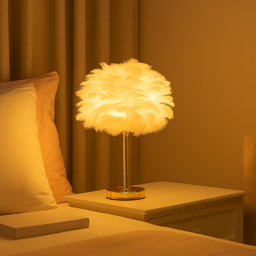 Veioza 8736 alba cu abajur rotund din pene si baza aurie, ideala pentru dormitor modern, creand lumina difuza calda pentru relaxare.