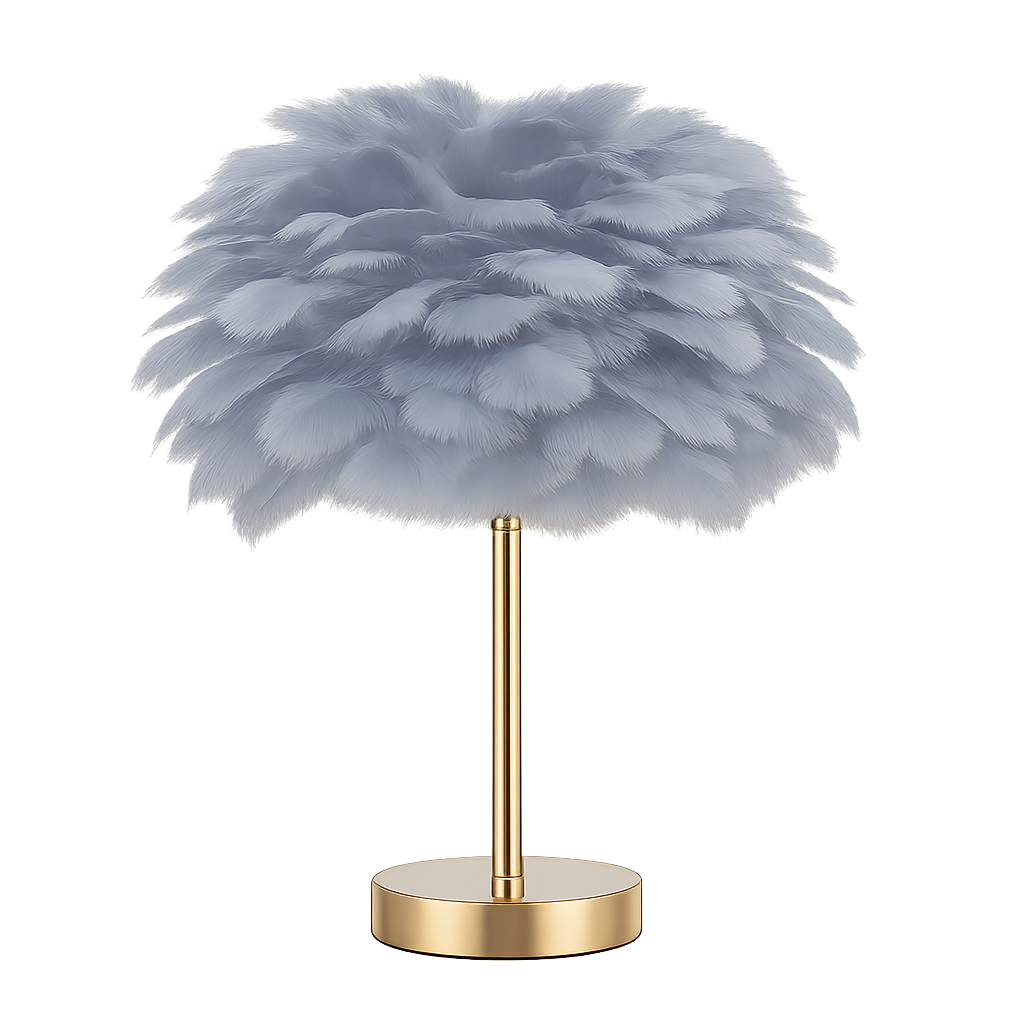 Veioza 8736 cu abajur floare din pene sintetice albe si baza metalica, decor glam ideal pentru living modern cu lumina calda ambientala.