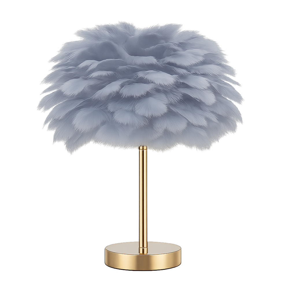 Veioza 8736 cu abajur floare din pene sintetice albe si baza metalica, decor glam ideal pentru living modern cu lumina calda ambientala.