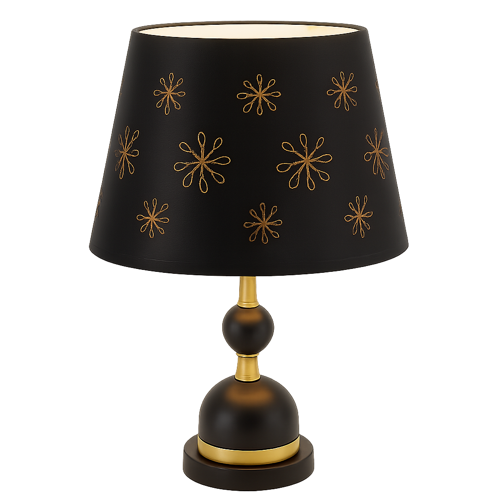 Veioza 8633 negru cu abajur textil si accente aurii, ideala pentru dormitor modern, oferind lumina calda si atmosfera relaxanta.