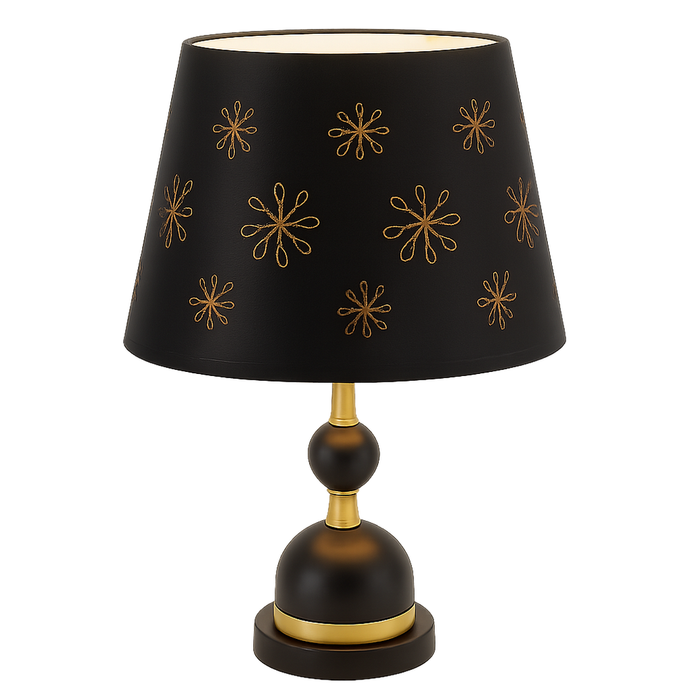 Veioza 8633 negru cu abajur textil si accente aurii, ideala pentru dormitor modern, oferind lumina calda si atmosfera relaxanta.