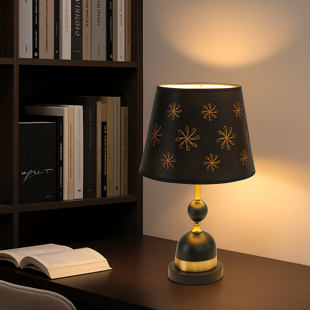 Veioza 8633 negru cu abajur textil si accente aurii, ideala pentru birou modern, oferind lumina calda si stil profesional.