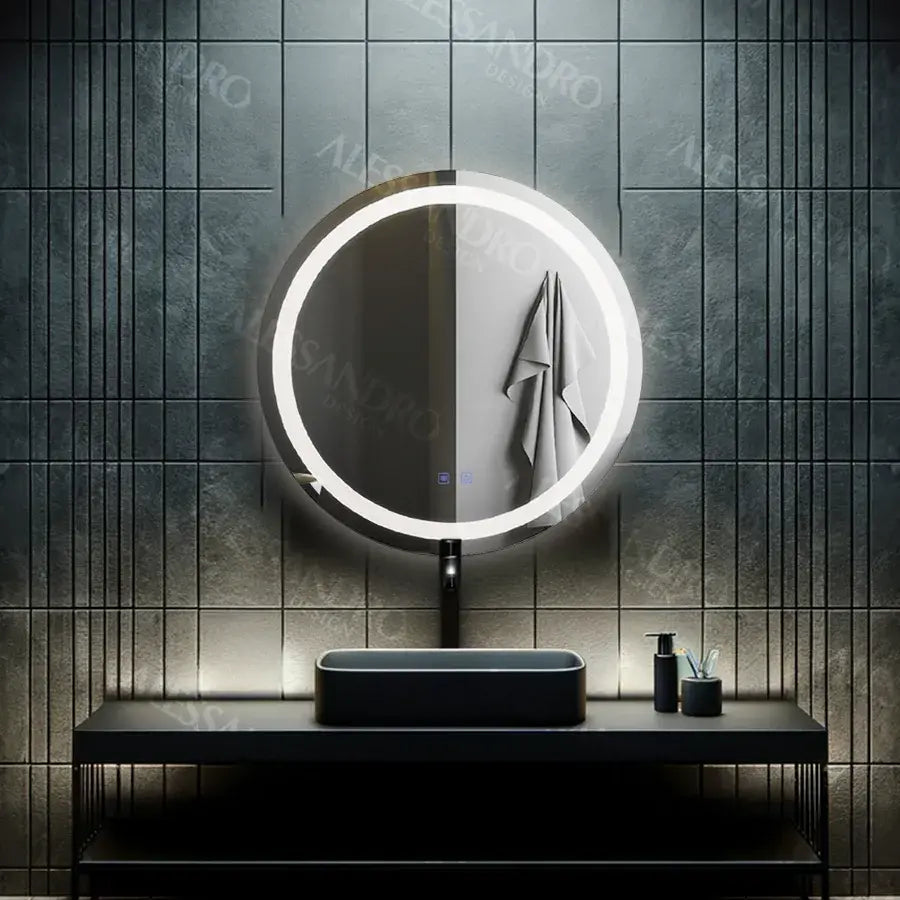 Oglinda LED rotunda 60 cm cu lumina rece, control tactil si sistem de dezaburire pentru baie moderna.
