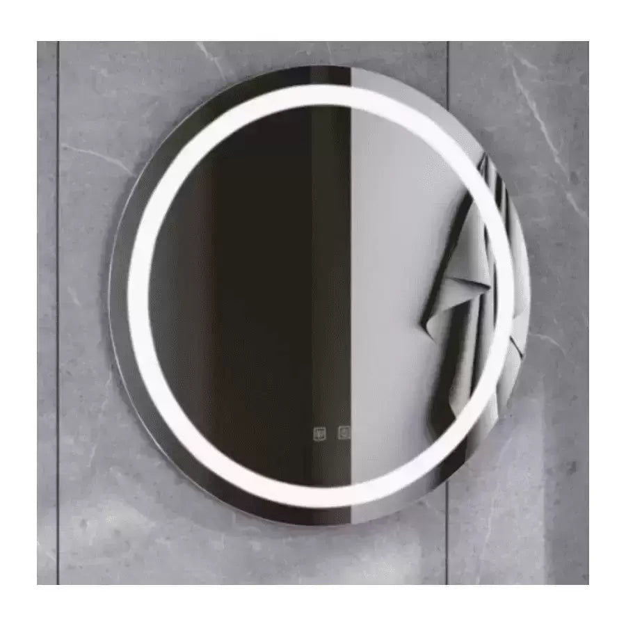 Oglinda LED rotunda 60 cm cu lumina rece, control tactil si sistem de dezaburire pentru baie moderna.
