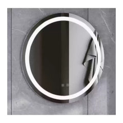 Oglinda LED rotunda 60 cm cu lumina rece, control tactil si sistem de dezaburire pentru baie moderna.
