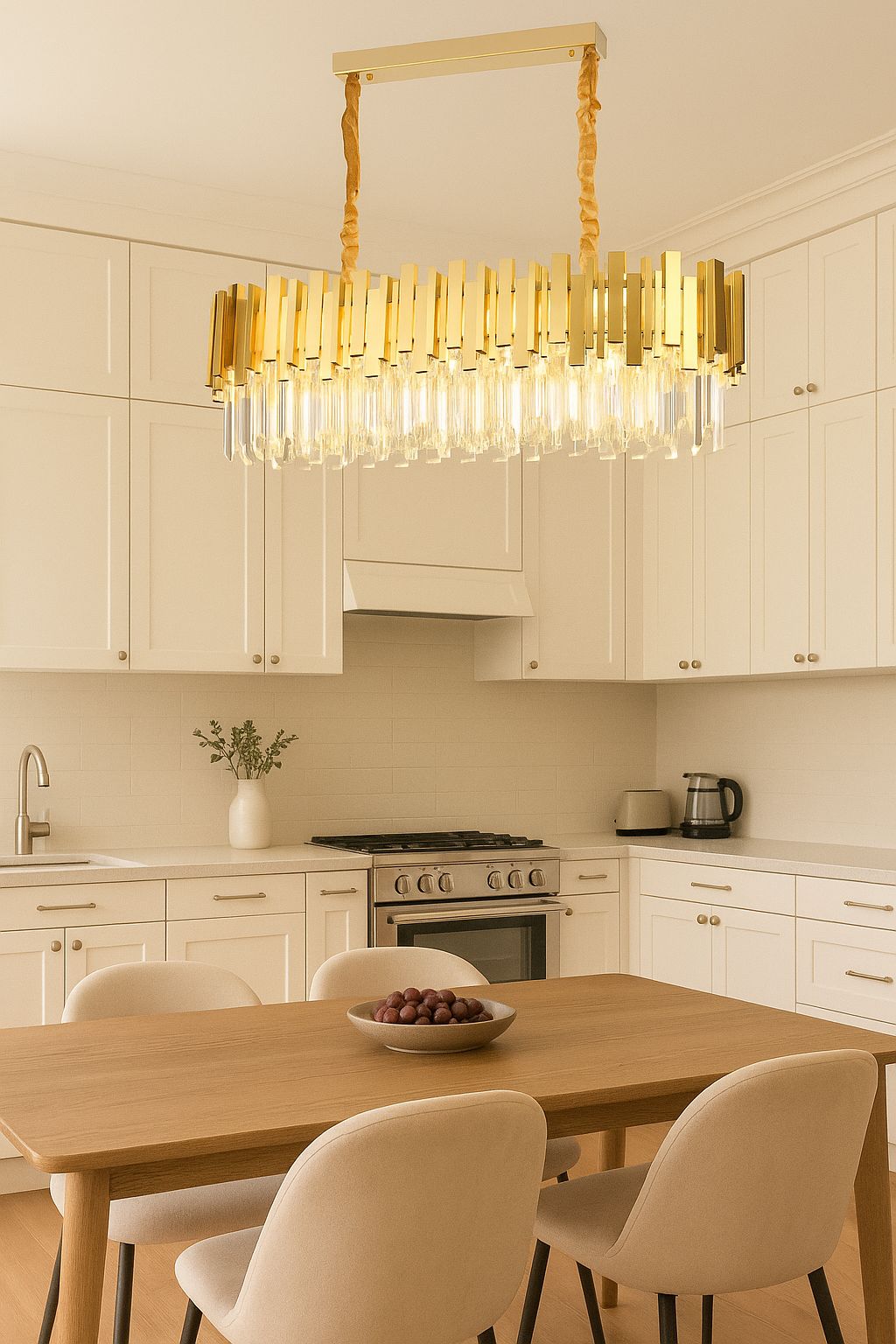 Candelabru rotund auriu mat cu cristale, 8 becuri E27, iluminare luxoasa pentru masa din dining spatios.