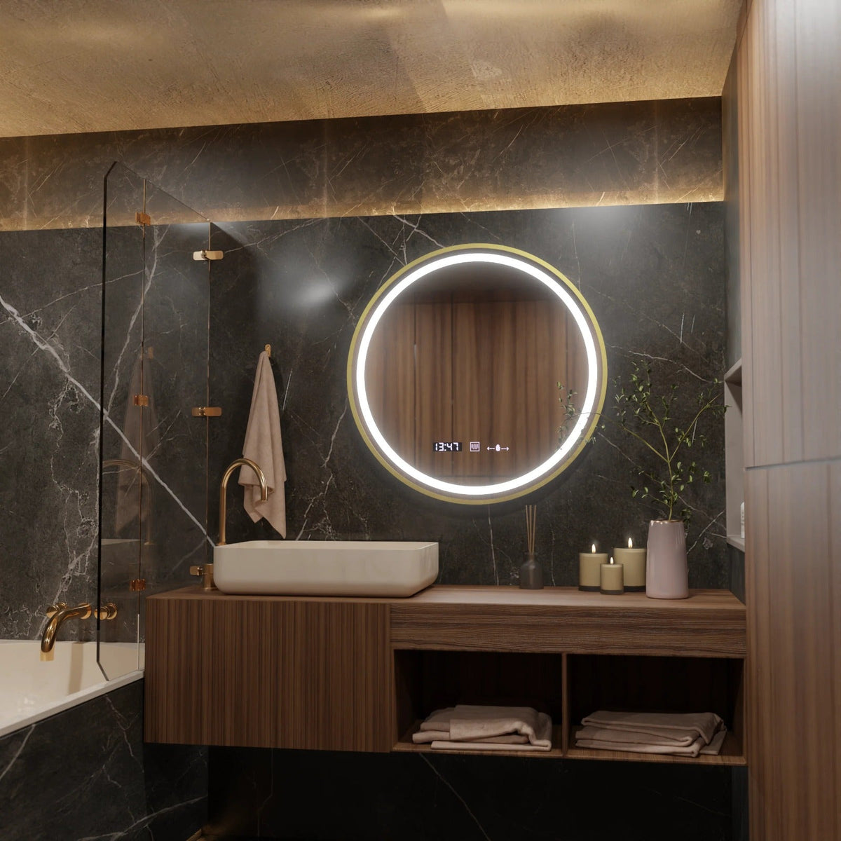 Oglinda LED rotunda 70x70 cm cu rama Rose Gold Brushed, control touch si dezaburire, ideala pentru bai moderne.
