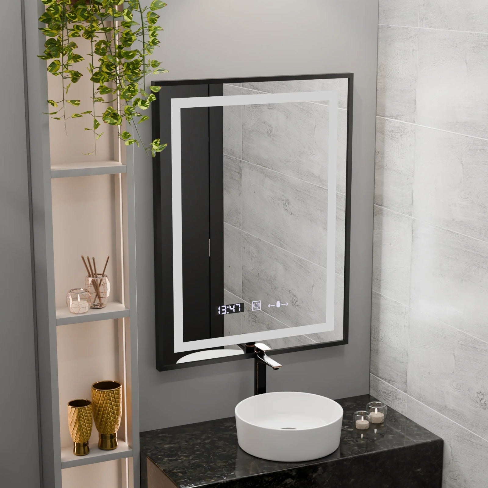 Oglinda smart 60x80 cm cu LED, cadru negru mat, control tactil si sistem de dezaburire pentru bai moderne.
