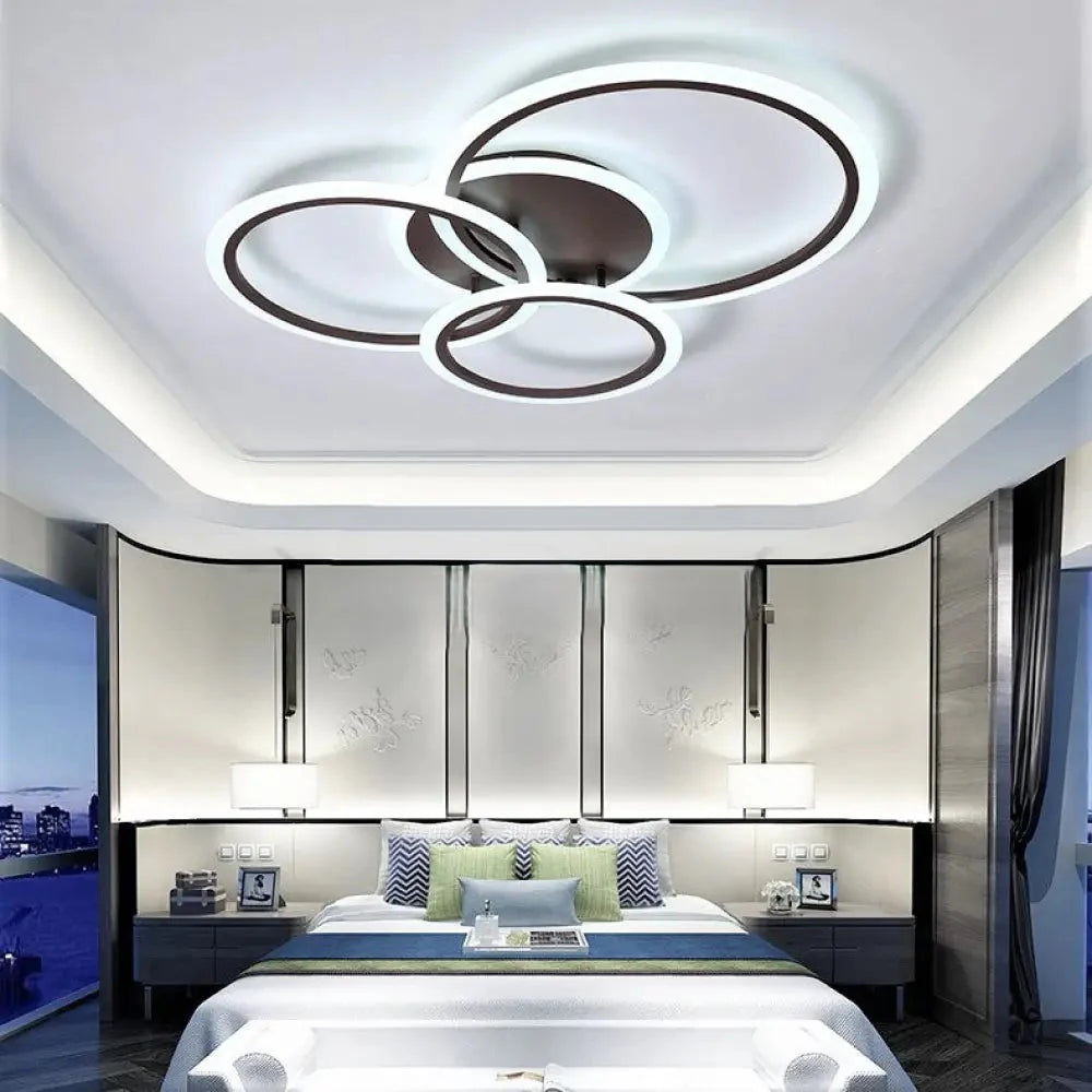 Lustra LED 8888/4 128W cu 4 inele, potrivit a pentru dormitoare moderne cu lumin a reglabila si control prin telecomanda