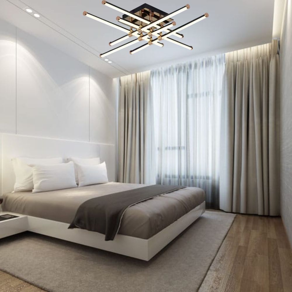 Lustra LED 9803/6BK negru mat cu brate incrucisate in X si telecomanda, iluminand un dormitor modern cu lumina reglabila.