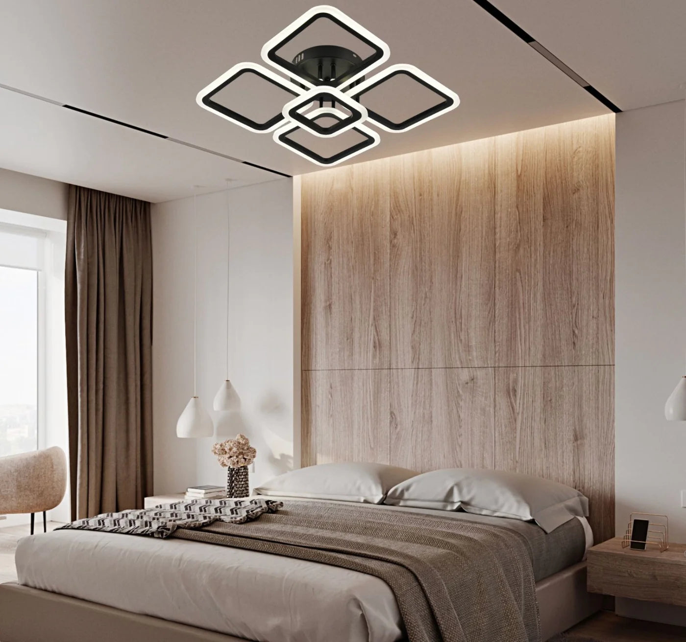 Lustra LED neagra 8036/4+1BK 102W cu 5 module si lumina ajustabila, perfecta pentru dormitor modern si ambient relaxant