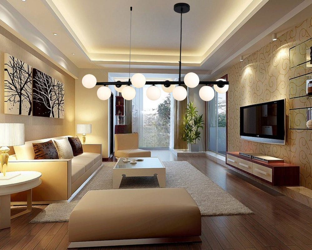Lustra LED negru mat 11 globuri sticla mata, iluminare moderna pentru living spatios