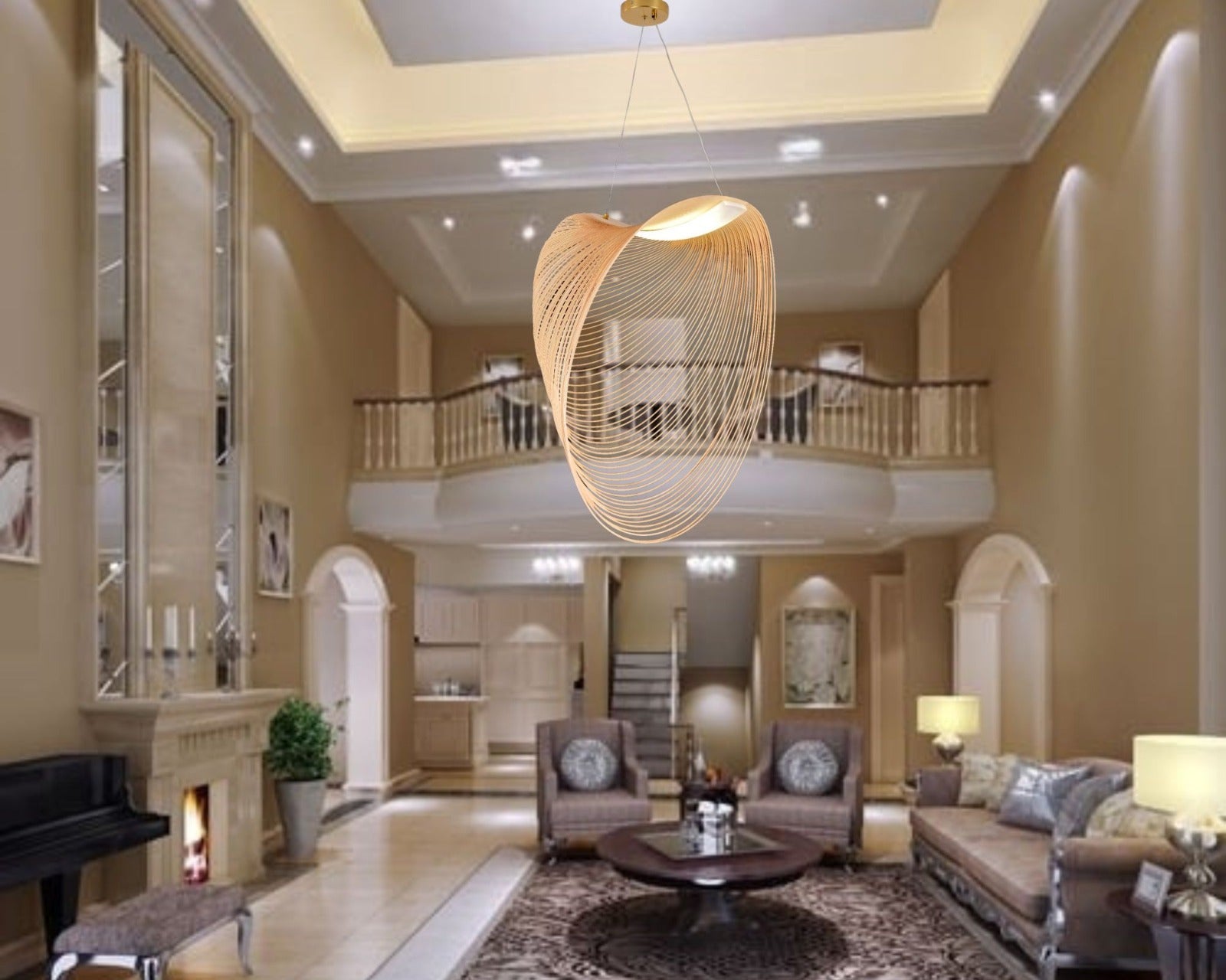 Pendul 9562-800 cu fire metalice aurii si LED 15W, excelent pentru scari inalte, oferind joc vizual 3D si iluminare ambientala calda.