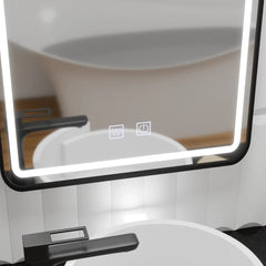 Oglinda LED dreptunghiulara 60x90 cm cu rama neagra subtire, control tactil si sistem de dezaburire pentru baie moderna.
