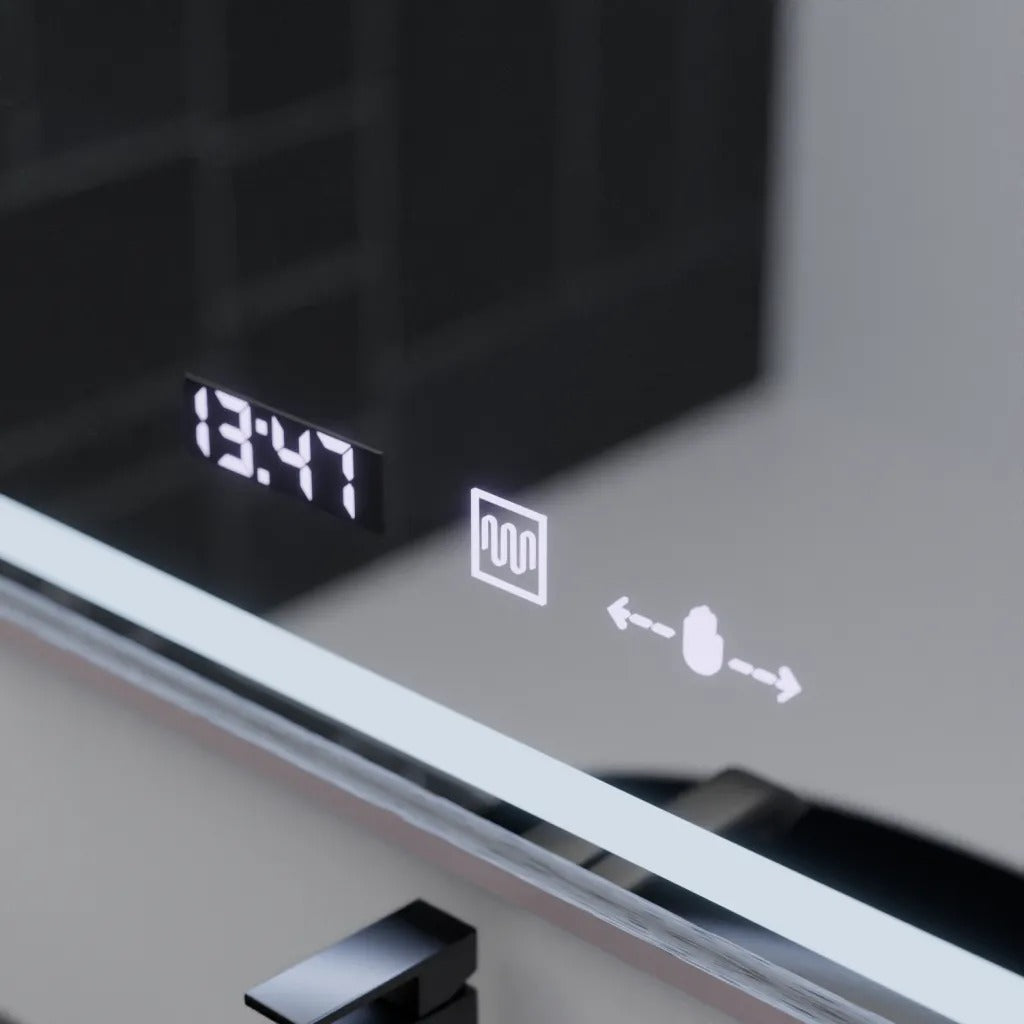 Oglinda smart 120×80 cm cu LED, senzor de miscare, dezaburire si display digital, ideala pentru bai moderne.
