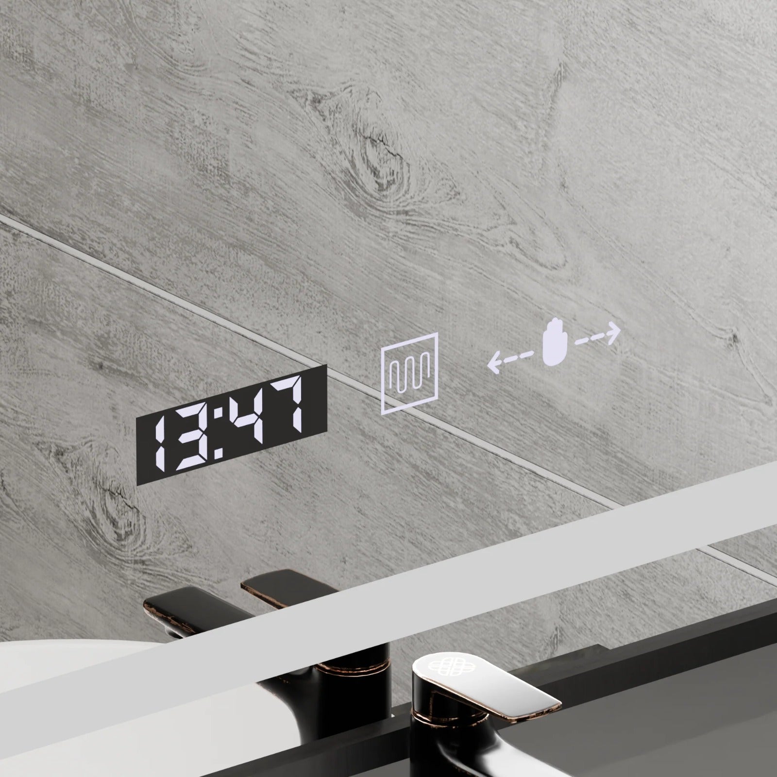 Oglinda smart 60x80 cm cu LED, cadru negru mat, control tactil si sistem de dezaburire pentru bai moderne.
