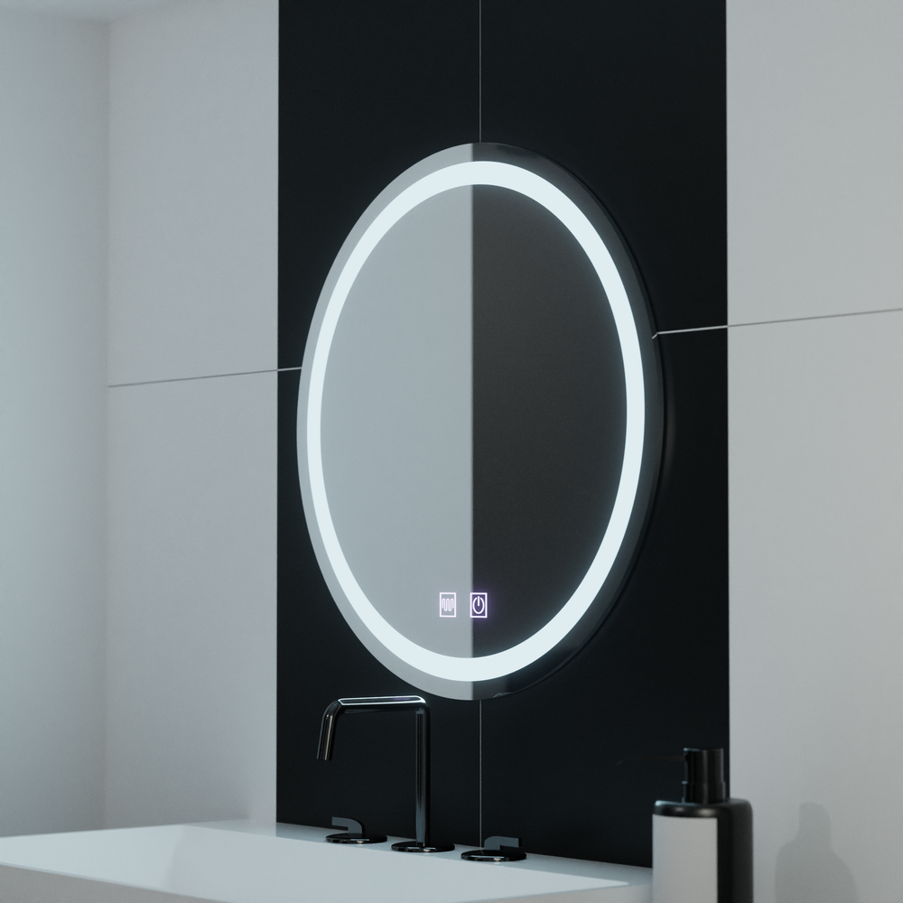Oglinda LED rotunda 70 cm cu lumina reglabila, control tactil si sistem de dezaburire pentru bai moderne.
