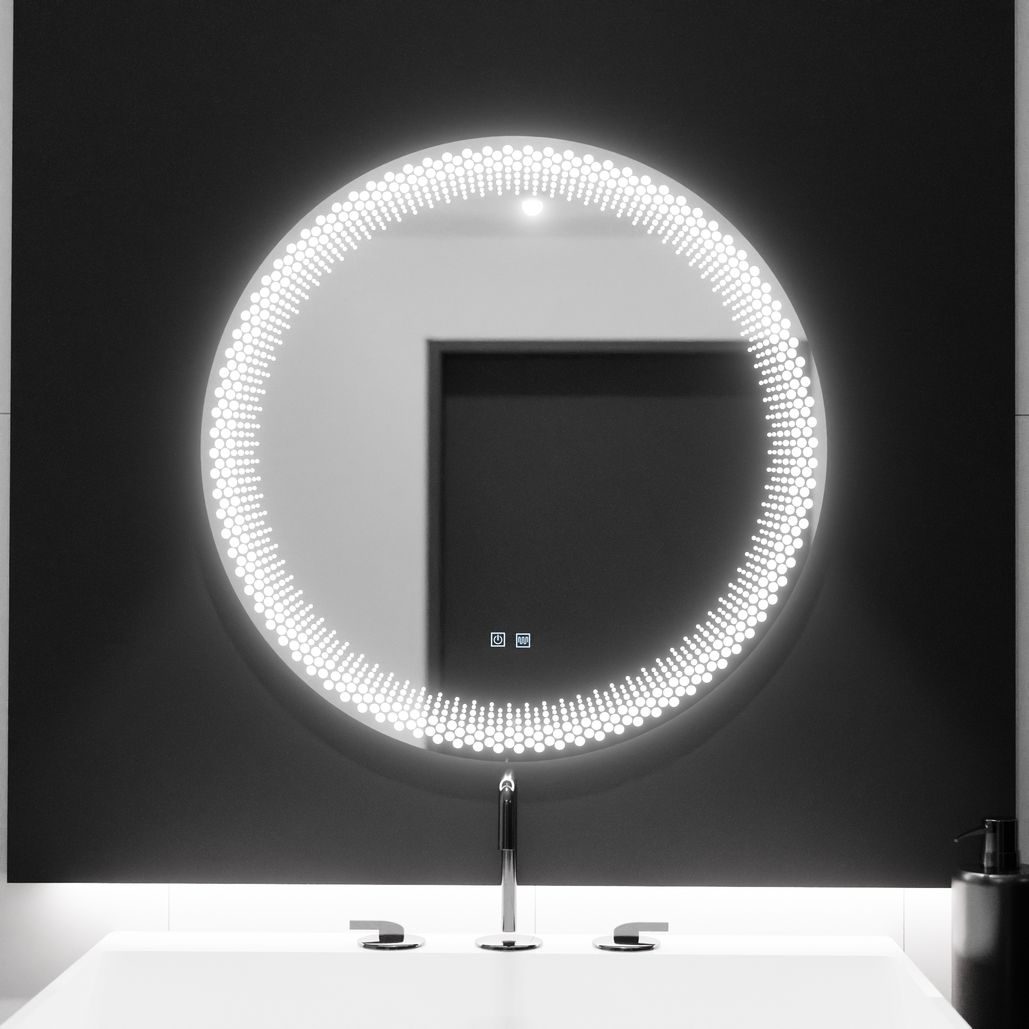 Oglinda LED rotunda 60x60 cm cu lumina reglabila, control touch si functie de dezaburire, ideala pentru bai moderne.
