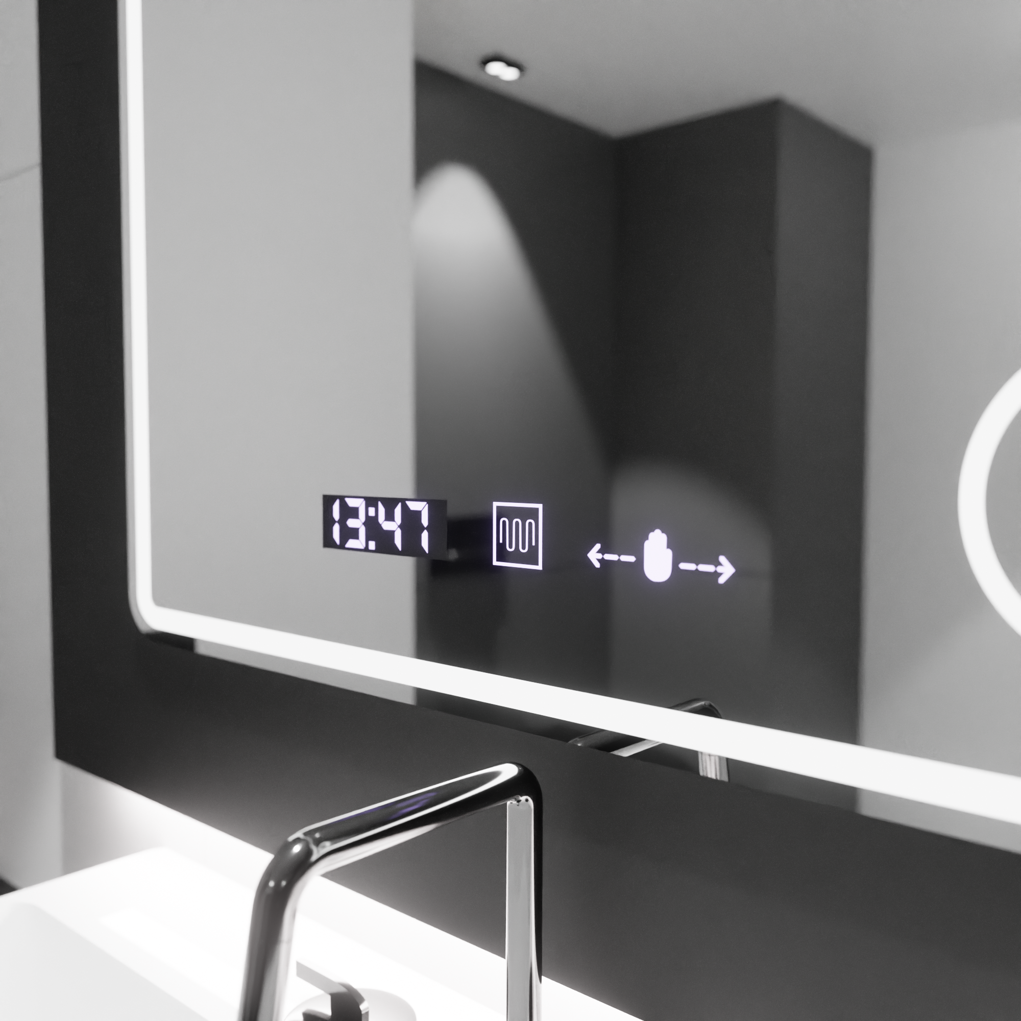 Oglinda smart dreptunghiulara 90x75 cm cu iluminare LED reglabila, lupa cosmetica iluminata si functie de dezaburire pentru bai moderne.
