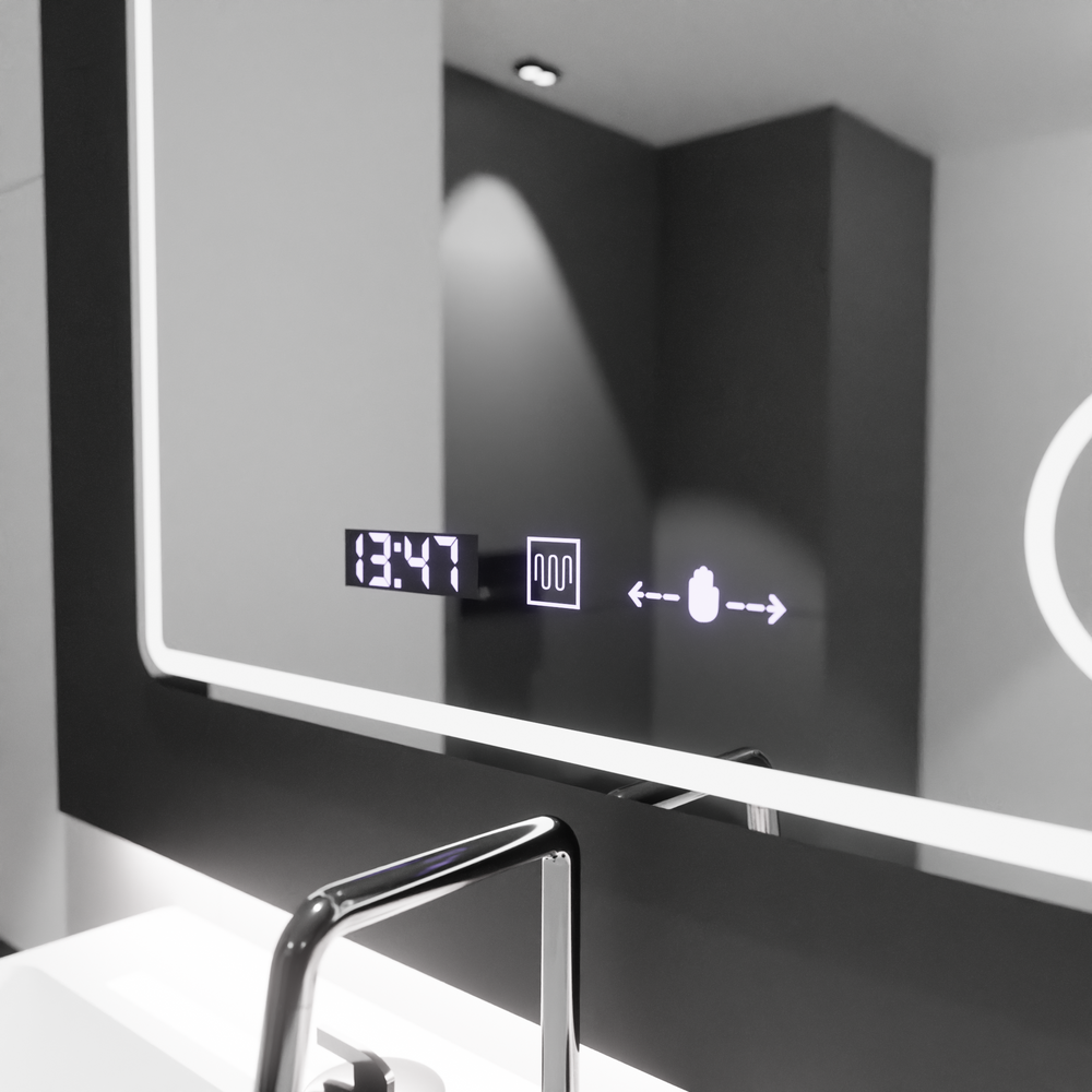 Oglinda smart dreptunghiulara 90x75 cm cu iluminare LED reglabila, lupa cosmetica iluminata si functie de dezaburire pentru bai moderne.
