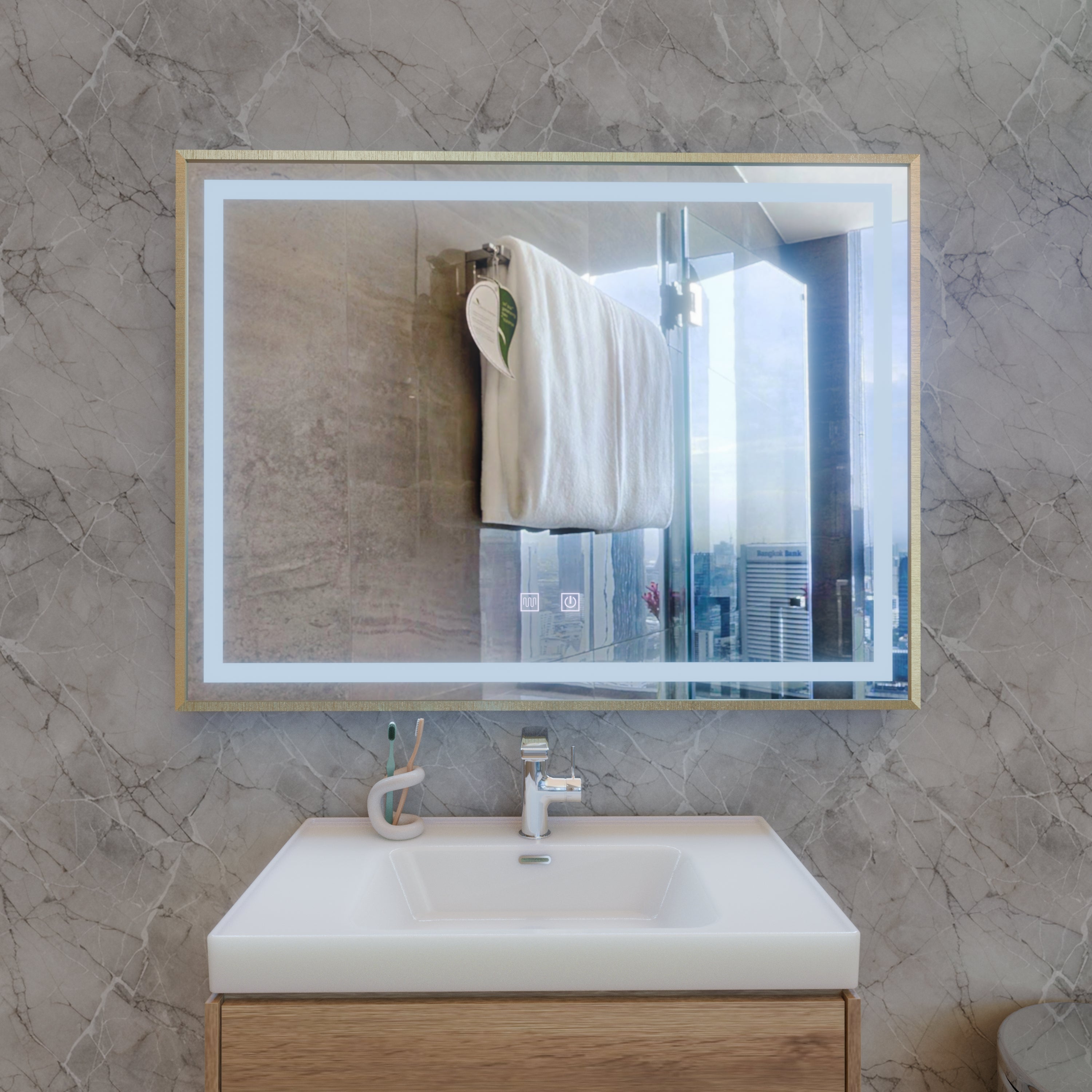 Oglinda smart orizontala 80x60 cm cu cadru auriu, LED profesional, control tactil si functie anti-abur pentru baie moderna