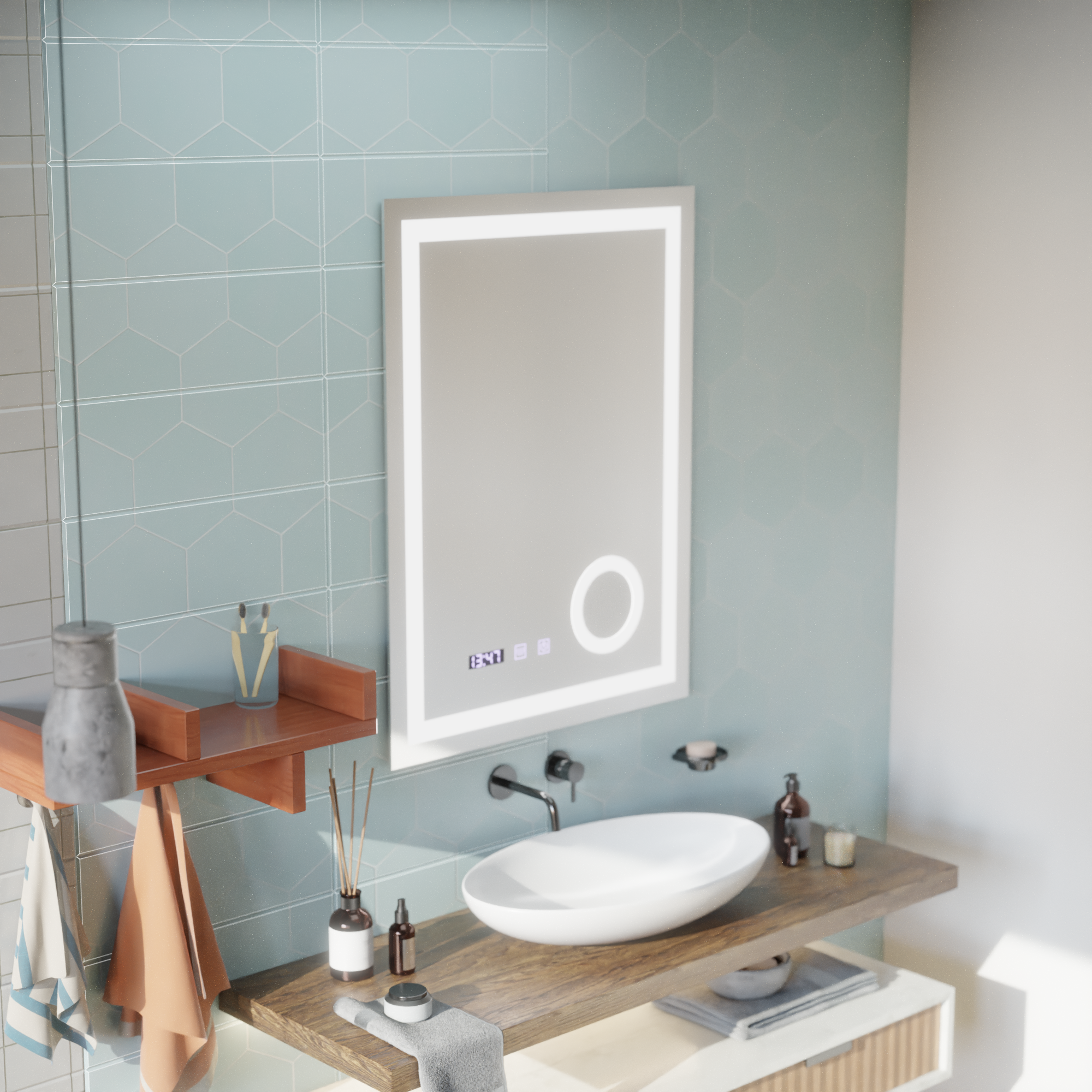 Oglinda smart LED cu cadru auriu, geam marire, dezaburire si afisaj digital, design vertical 60x80 cm