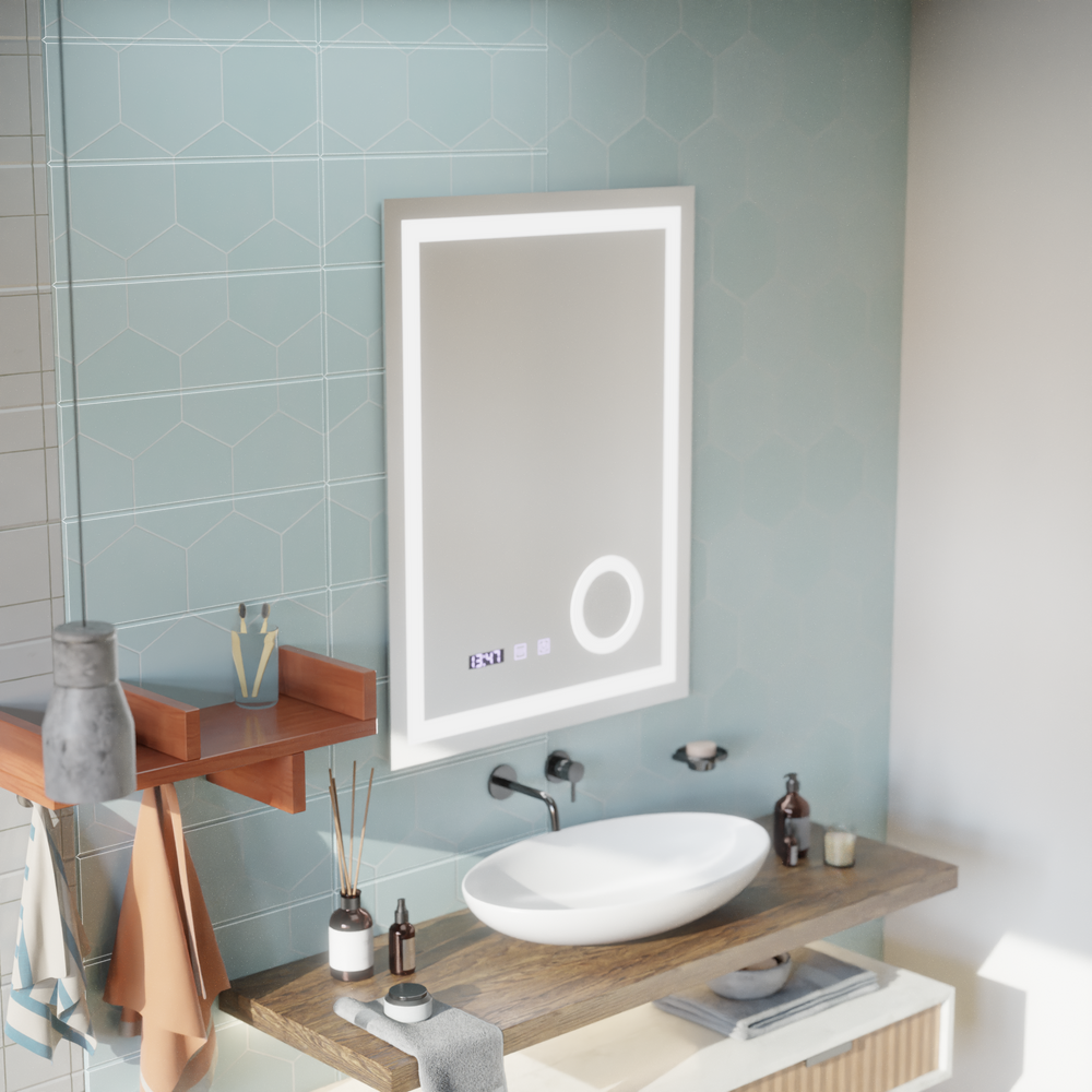 Oglinda smart LED cu cadru auriu, geam marire, dezaburire si afisaj digital, design vertical 60x80 cm