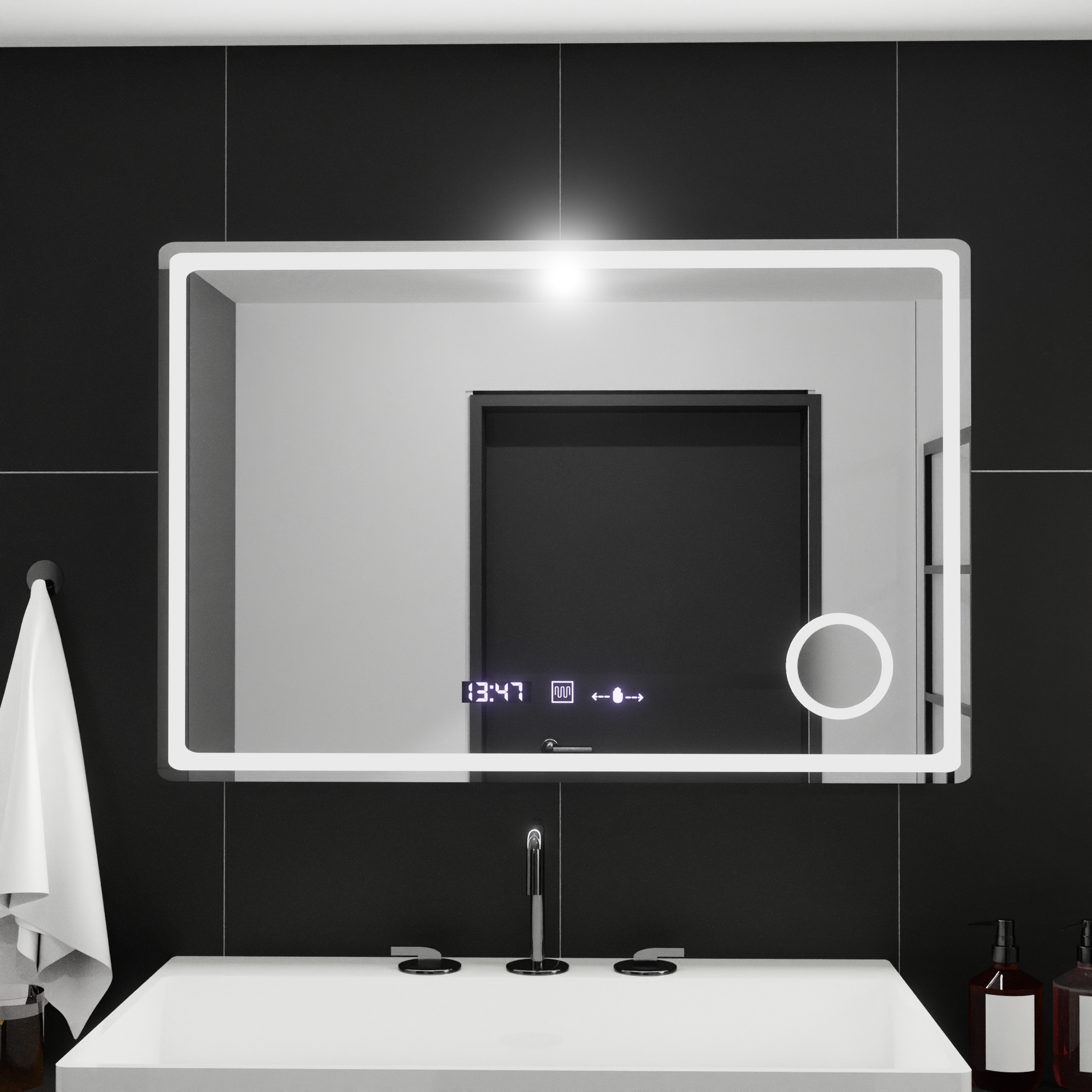 Oglinda smart dreptunghiulara 90x60 cm cu iluminare LED reglabila, dezaburire si afisaj digital, perfecta pentru bai si dressinguri moderne.
