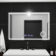Oglinda smart dreptunghiulara 90x60 cm cu iluminare LED reglabila, dezaburire si afisaj digital, perfecta pentru bai si dressinguri moderne.
