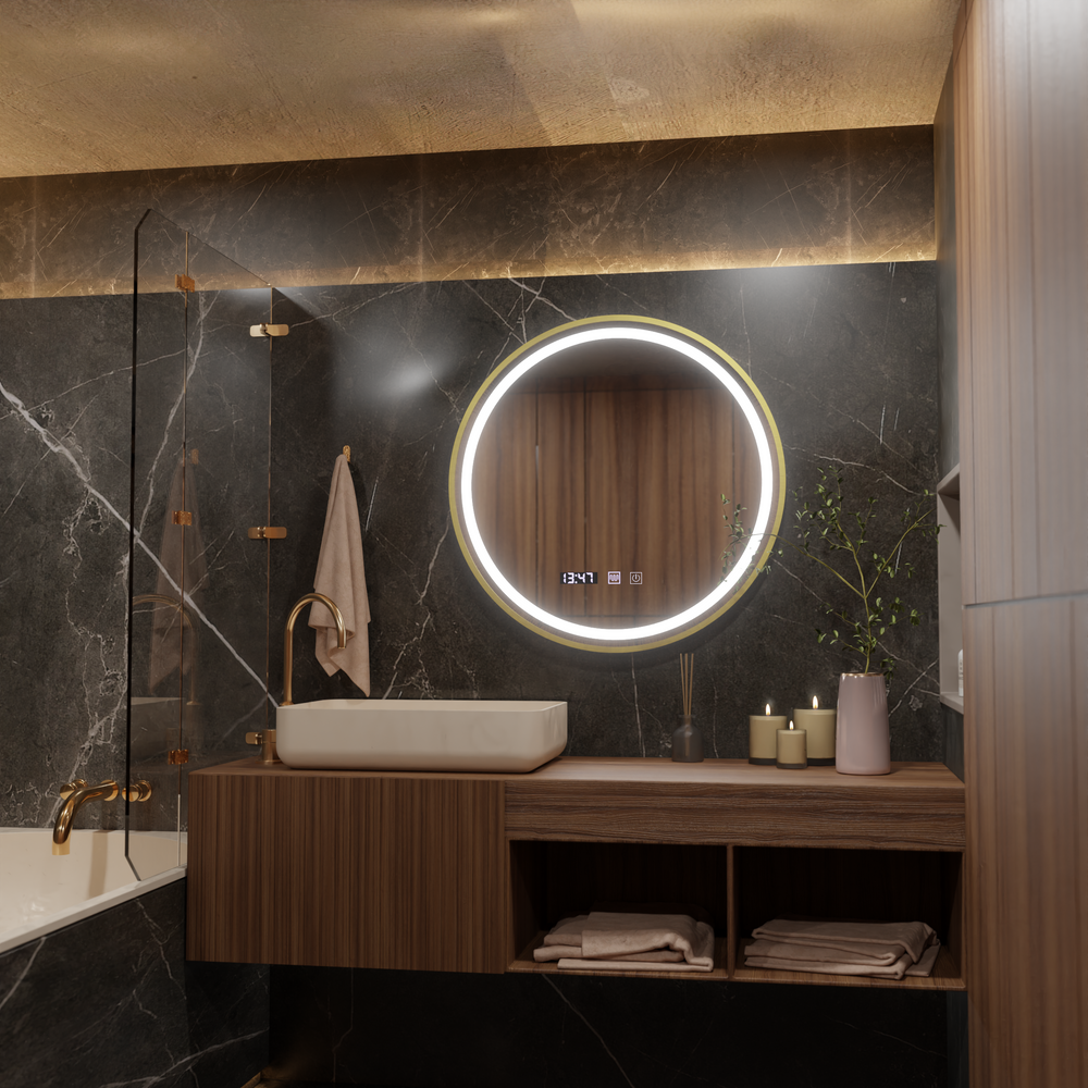 Oglinda smart circulara 70 cm cu cadru auriu, iluminare LED reglabila, control gestual si functie de dezaburire.
