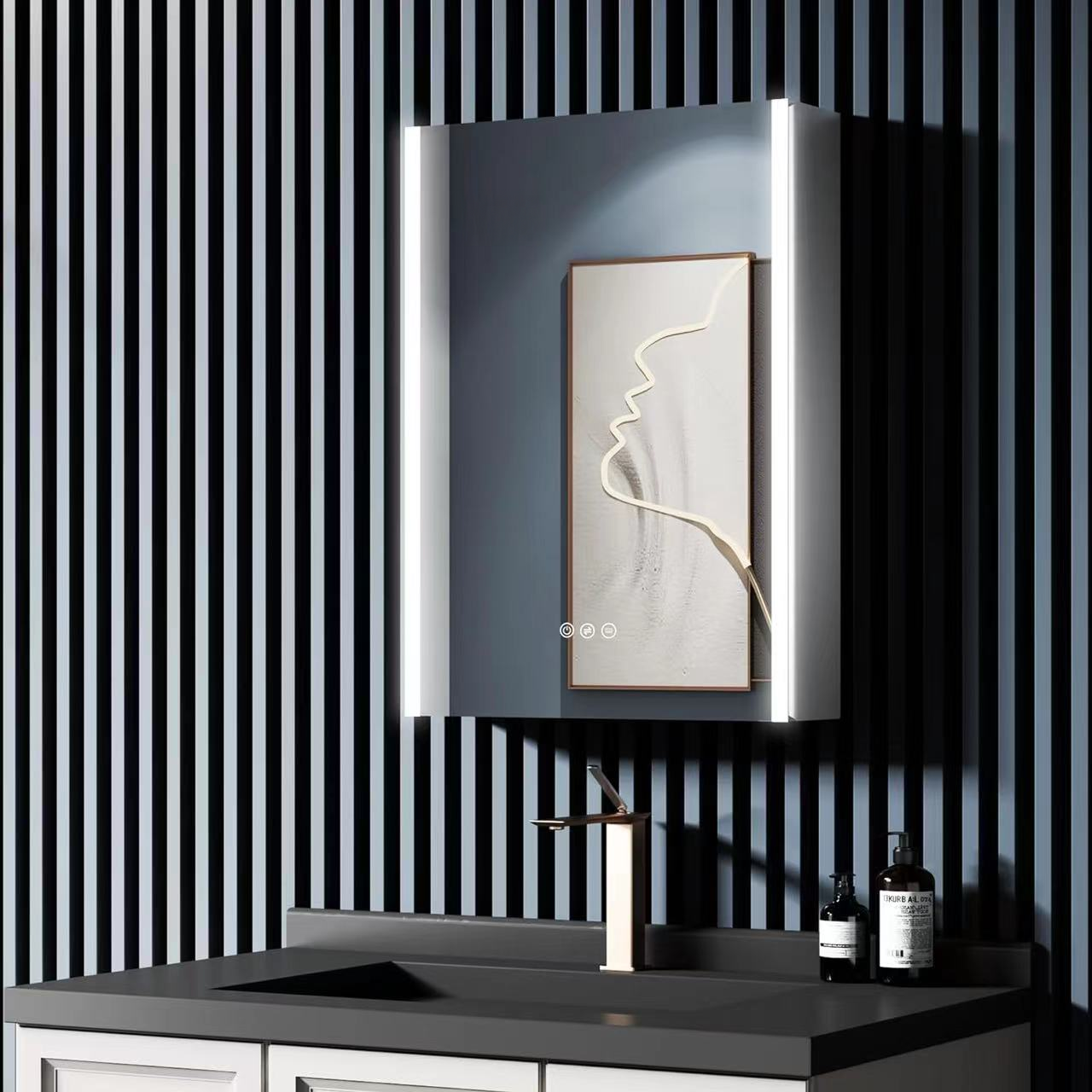 Dulap baie 51x71 cm cu oglinda LED si spatiu de depozitare, design alb modern pentru iluminare clara si organizare eficienta.