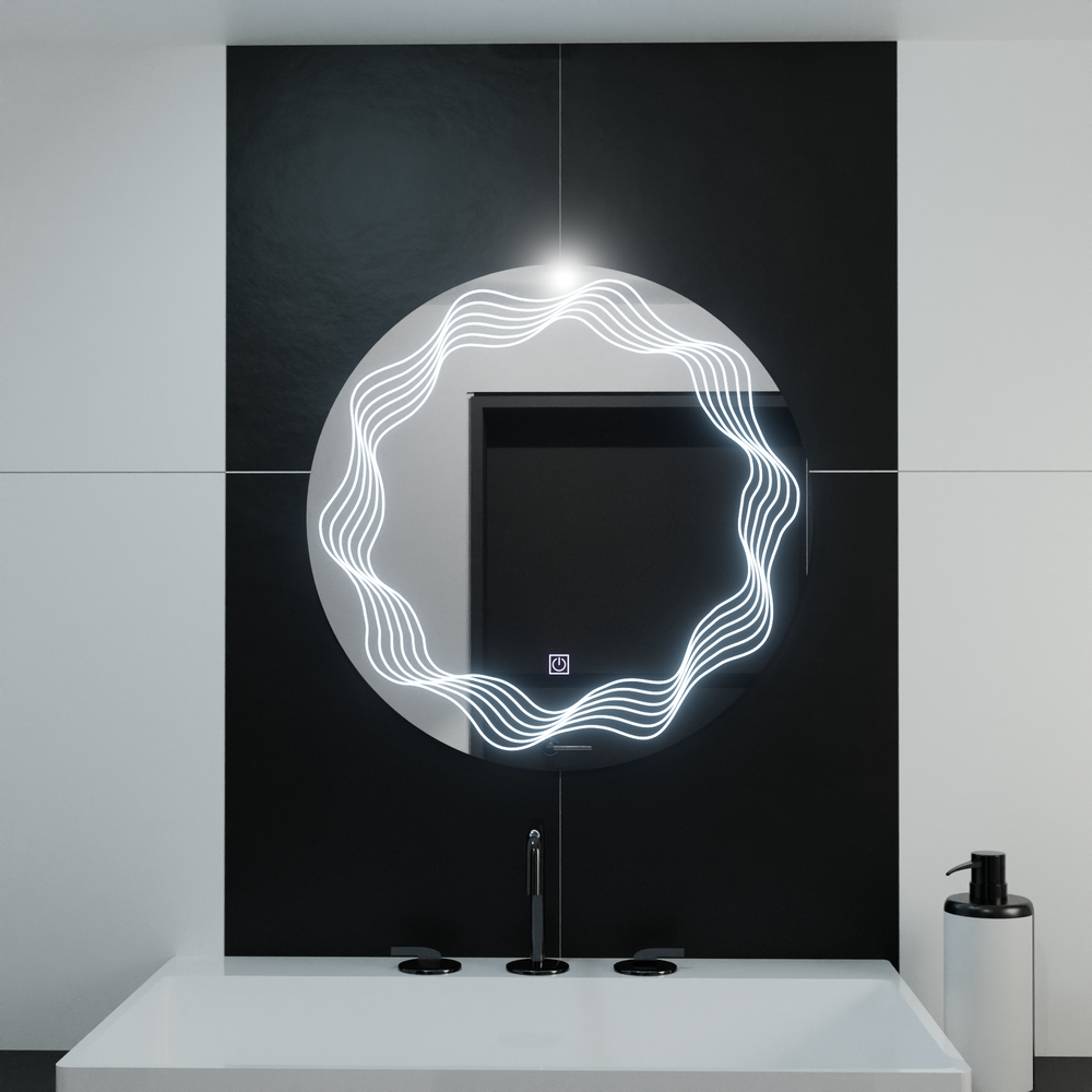 Oglinda LED rotunda 60x60 cm cu efect de unde luminoase, control touch si functie de dezaburire pentru bai moderne.
