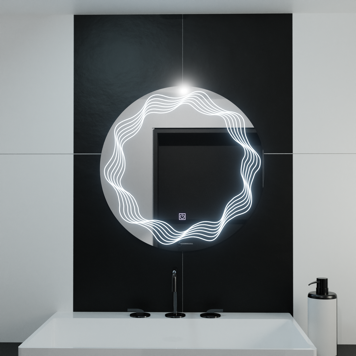 Oglinda LED rotunda 60x60 cm cu efect de unde luminoase, control touch si functie de dezaburire pentru bai moderne.
