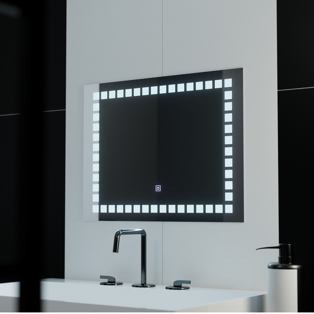 Oglinda LED 80x60 cm cu touch si lumina reglabila, design modern pentru baie, cu iluminare uniforma pe contur.
