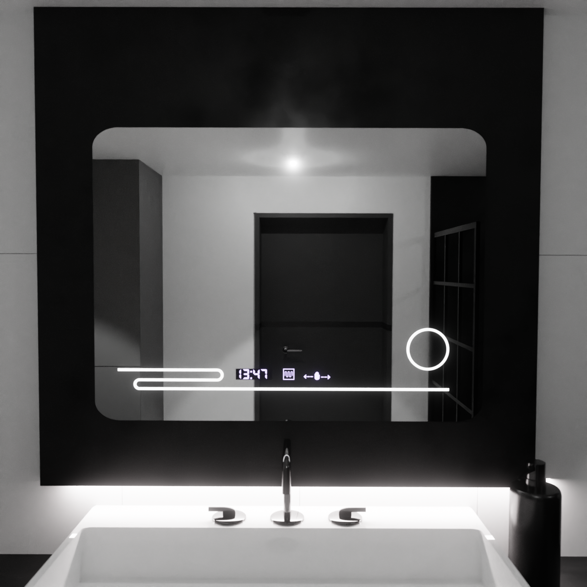 Oglinda smart dreptunghiulara LUBAN 80x60 cm cu LED reglabil, lupa cosmetica, afisaj digital si sistem de dezaburire pentru bai moderne.
