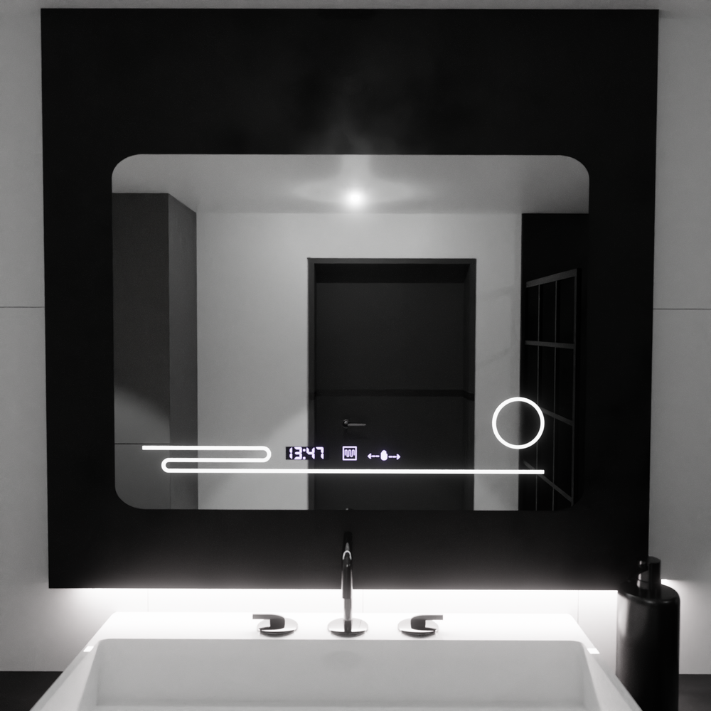 Oglinda smart dreptunghiulara LUBAN 80x60 cm cu LED reglabil, lupa cosmetica, afisaj digital si sistem de dezaburire pentru bai moderne.
