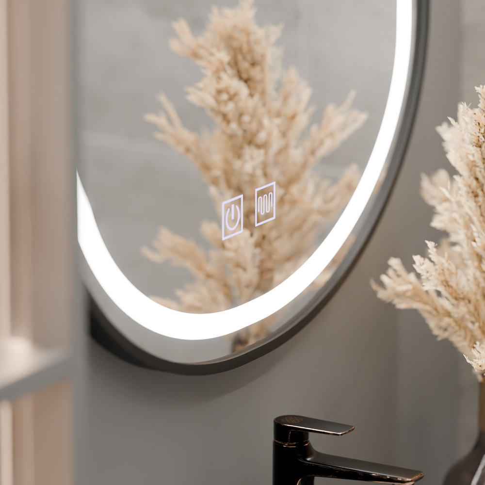 Oglinda smart eliptica 50×80 cm cu LED tactil, anti-abur si cadru negru pentru baie moderna
