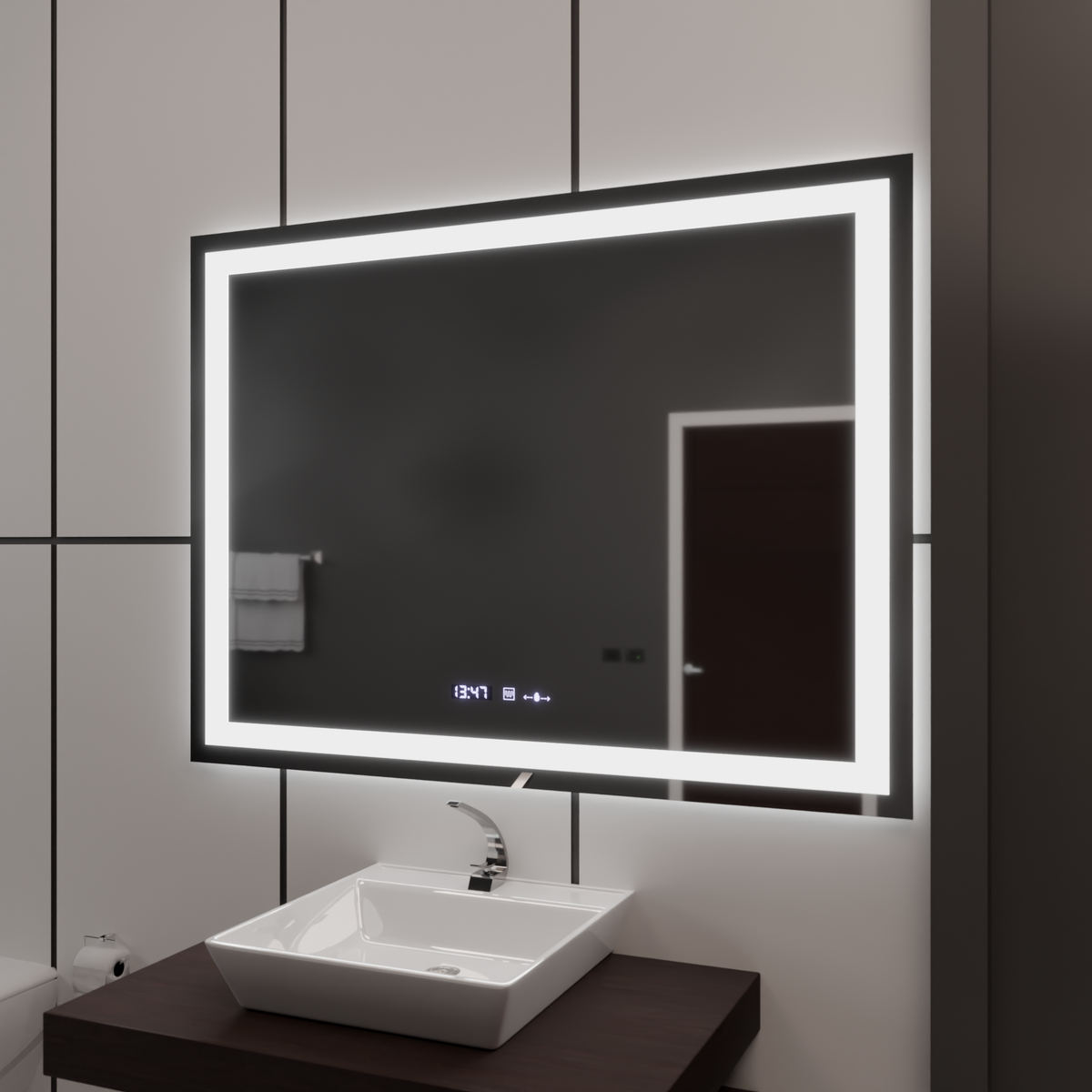 Oglinda smart rectangulara 100x75 cm cu LED reglabil, dezaburire si display digital, ideala pentru bai moderne elegante.
