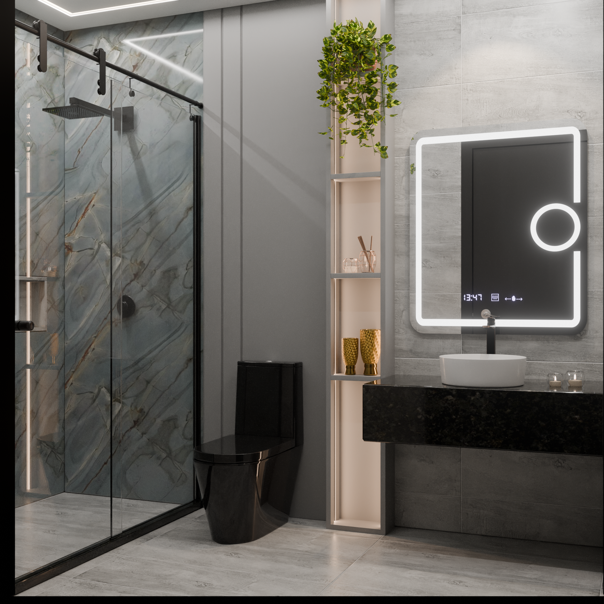 Oglinda smart rectangulara 75x90 cm cu LED reglabil, dezaburire, lupa cosmetica si display digital, ideala pentru bai moderne.
