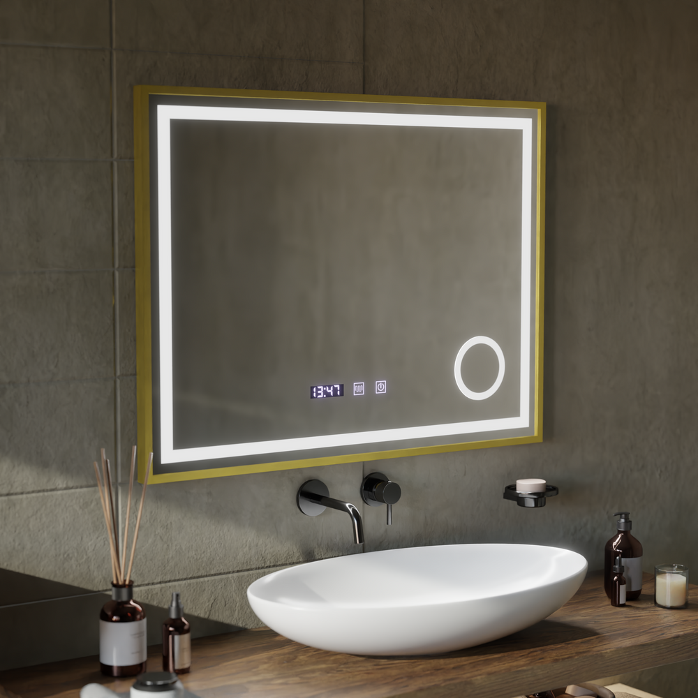 Oglinda smart LED cu cadru auriu, geam marire, dezaburire si afisaj digital, design orizontal 80x60 cm