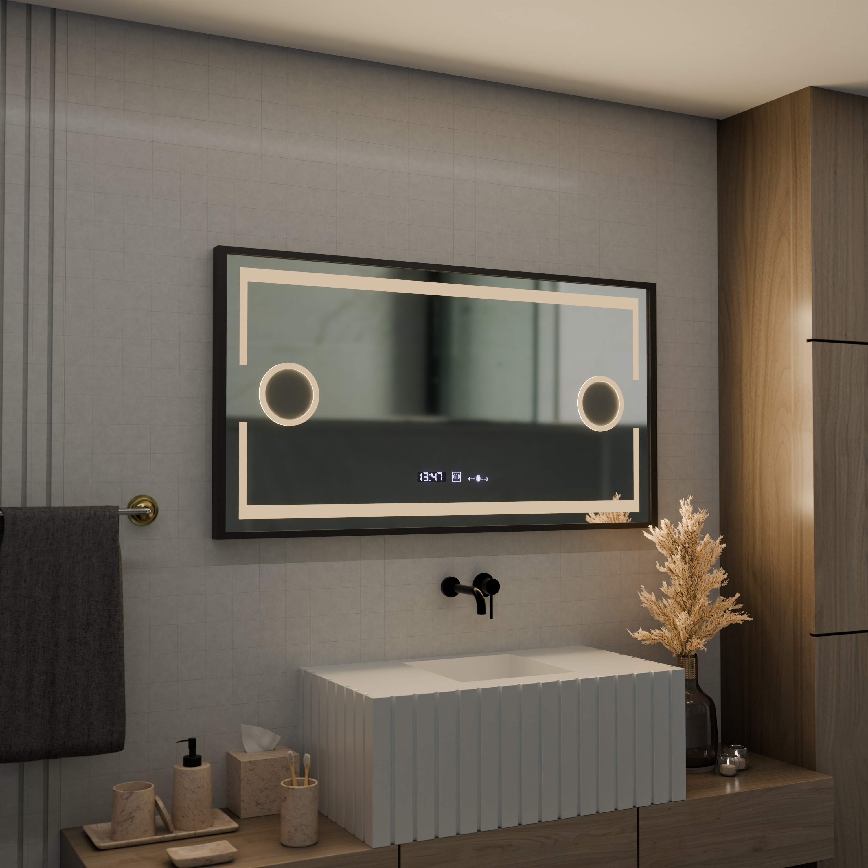 Oglinda smart orizontala 120x65 cm cu LED, geamuri marire, senzor palma si functie de dezaburire