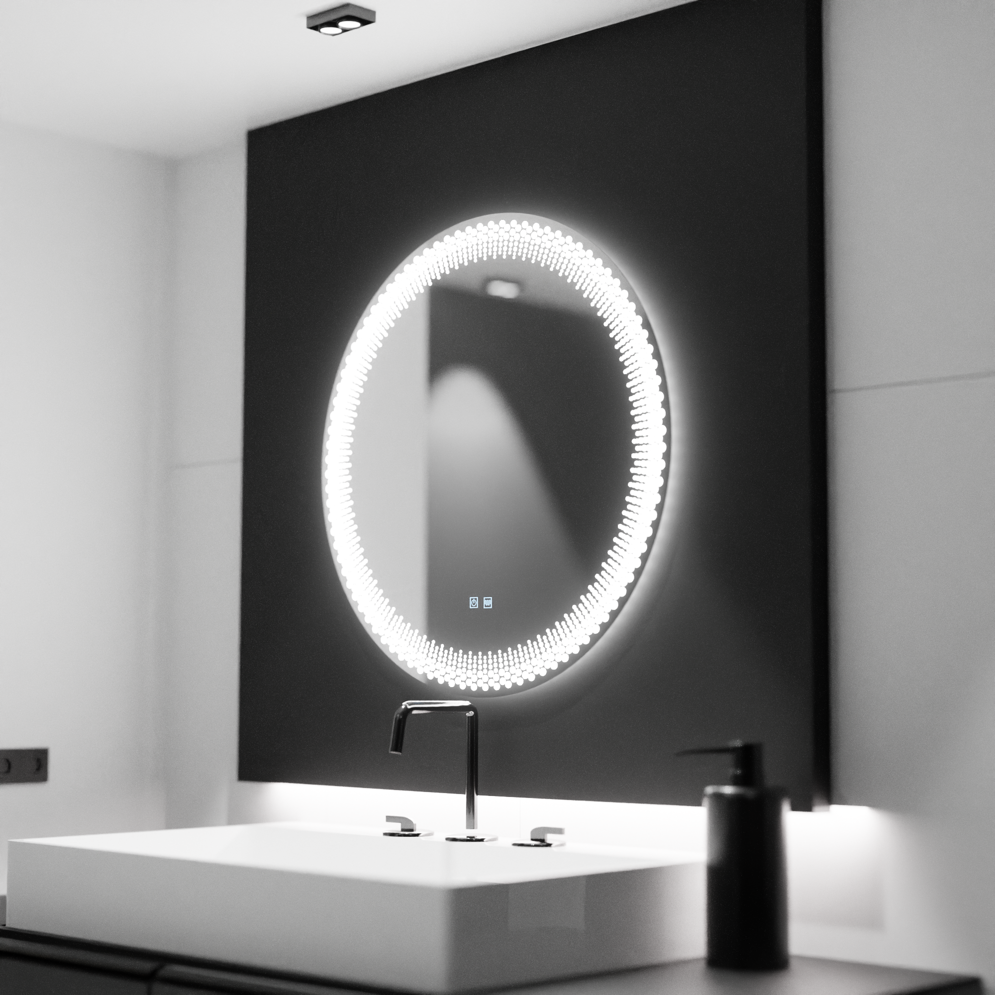 Oglinda LED rotunda 60x60 cm cu lumina reglabila, control touch si functie de dezaburire, ideala pentru bai moderne.
