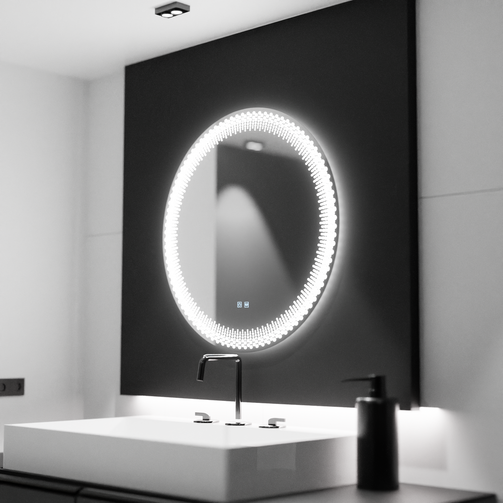 Oglinda LED rotunda 60x60 cm cu lumina reglabila, control touch si functie de dezaburire, ideala pentru bai moderne.
