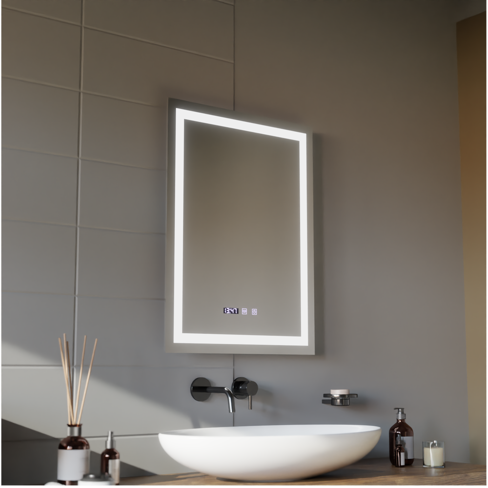 Oglinda smart verticala cu LED, afisaj digital, dezaburire si control tactil, dimensiune 60x80 cm