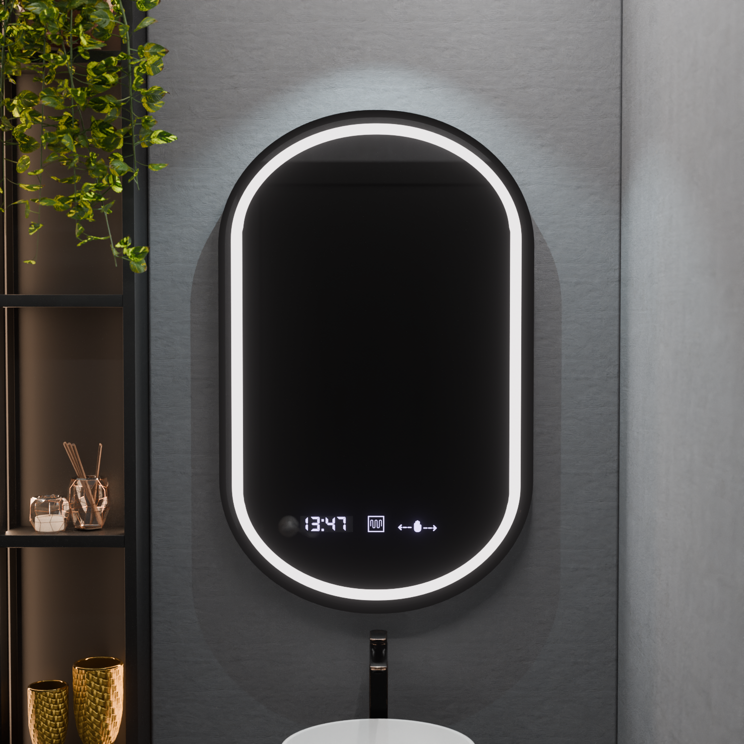 Oglinda smart ovala 50x80 cm cu iluminare LED reglabila, dezaburire si display digital, ideala pentru bai moderne elegante.
