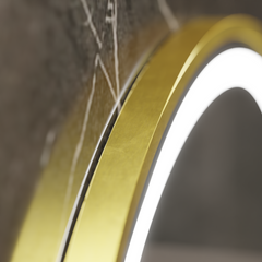 Oglinda smart circulara 70 cm cu cadru auriu, iluminare LED reglabila, control gestual si functie de dezaburire.
