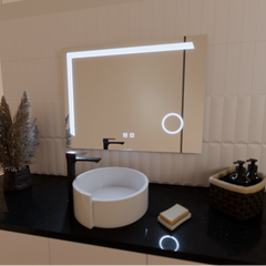 Oglinda smart orizontala 80×60 cm cu LED artistic, dezaburire, control tactil invizibil si geam marire 5X/10X.
