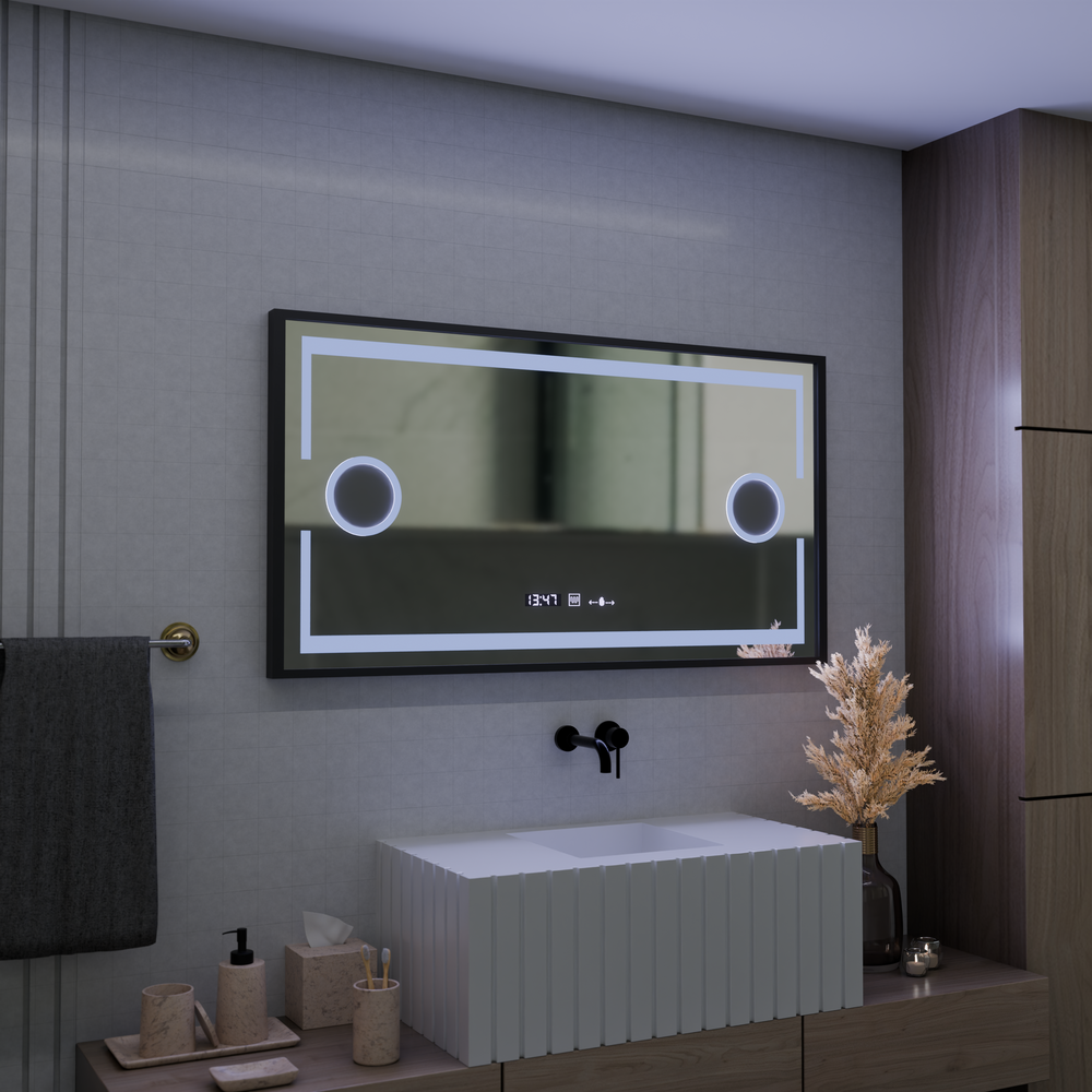 Oglinda smart orizontala 120x65 cm cu LED, geamuri marire, senzor palma si functie de dezaburire