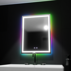 Oglinda LED RGB 60x80 cm cu lumina colorata, control touch si functie de dezaburire, ideala pentru bai moderne.
